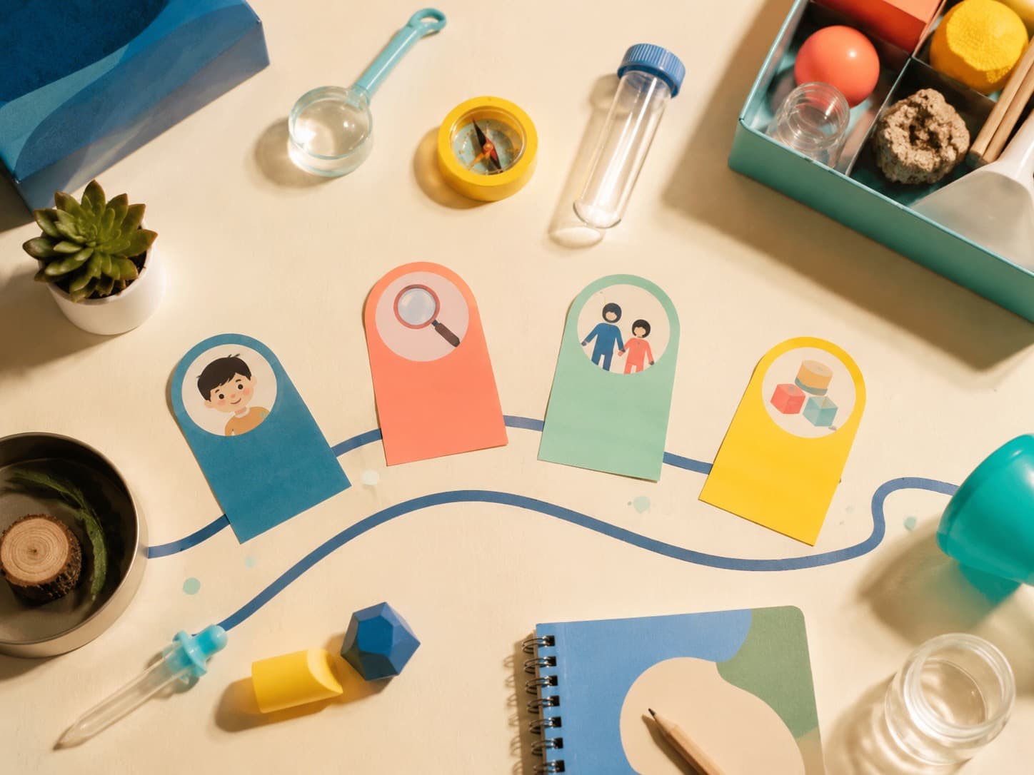 Four colourful question stations arranged as a kit-finding path