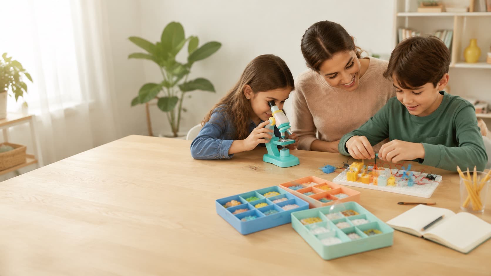 A family exploring microscope and circuit activities together at a bright home table