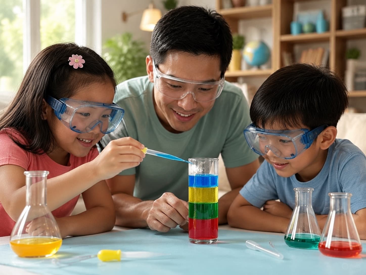 A family doing a supervised coloured-water activity together