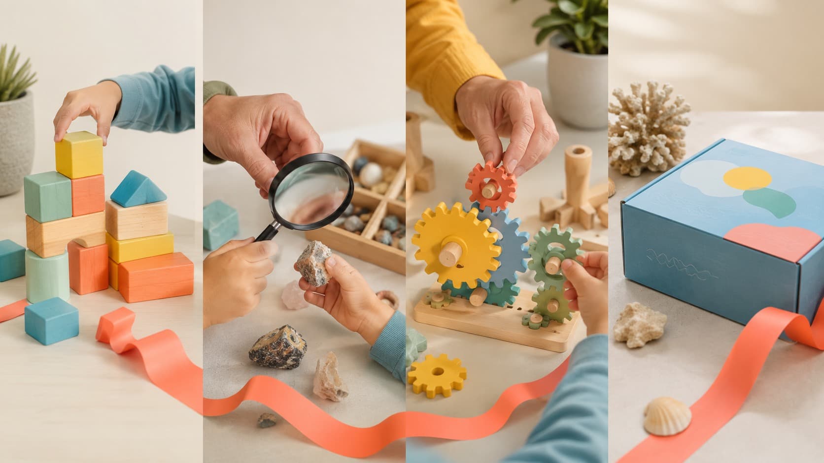 Four tabletop stations moving from age and interest to a selected science kit