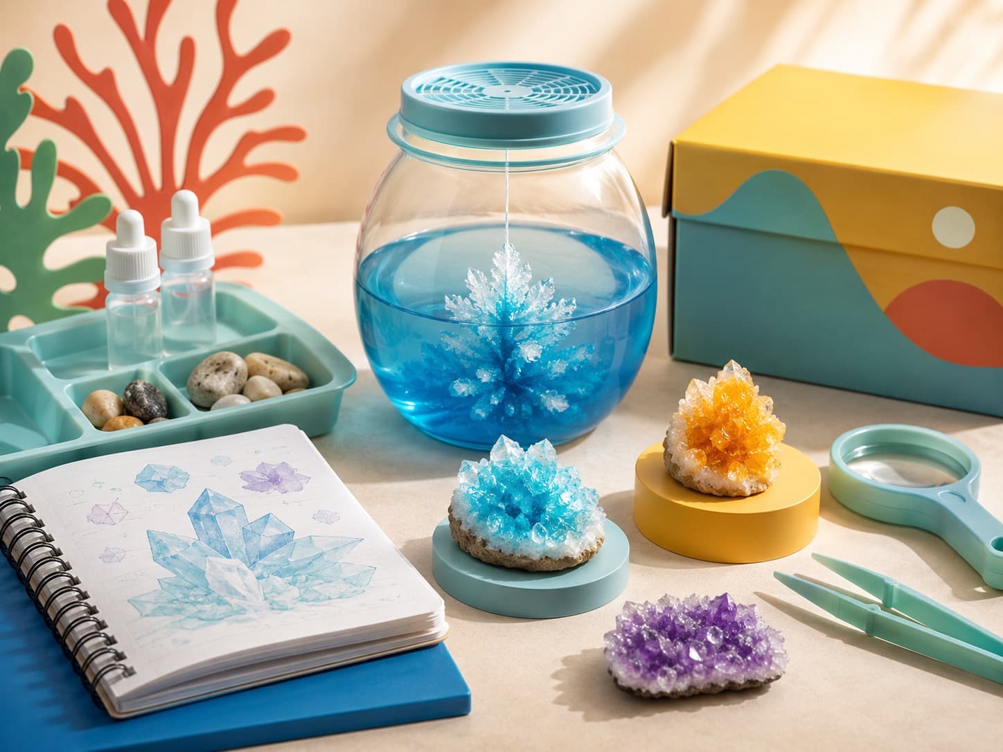 Grow Your Own Crystals educational science kit arranged on a studio table